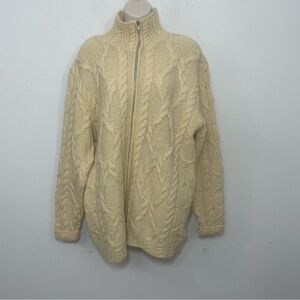 VTG Thomas Keeling 100% Wool Ivory Cable-Knit Full-Zip Heavyweight Sweater sz L